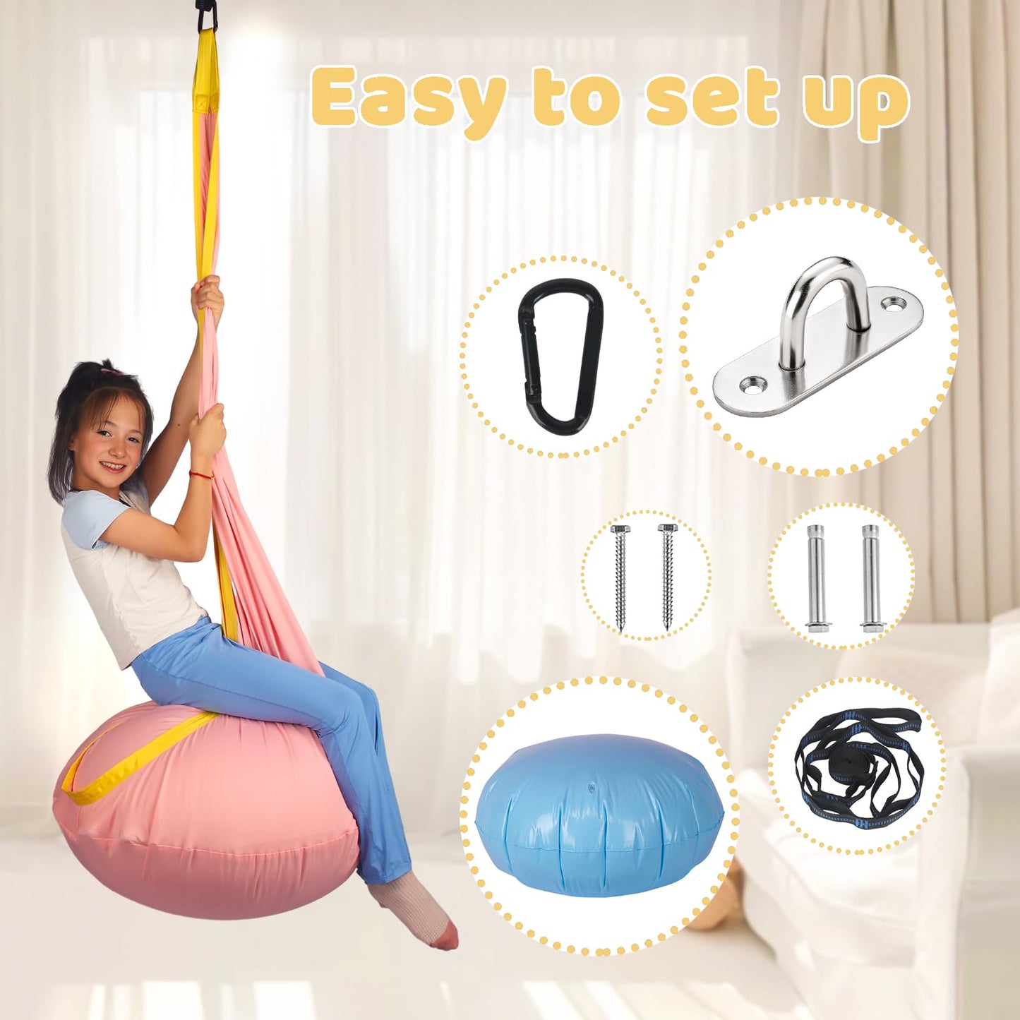 HiCamer Sensory Swing for Kids indoor and outdoor Pod hammock Chair Seat Upgrade Max 300 lbs Hanging Swing with Inflatable Cushion Includes Hardware Hanger Kit for Aspergers Autism ADHD (Cranberry)