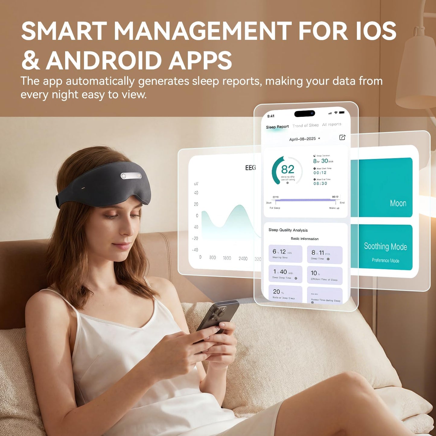 ๐๐-๐๐จ๐ฐ๐๐ซ๐๐ Neuro Sleep Eye Masks+Sleep Aid+Sleep Analysis with Hot Compress/Vibration Massage/Voice Prompt/Relaxing Music/Light Shielding/Mild Sensory Feedback/Adjustable Strap/Box, Balck