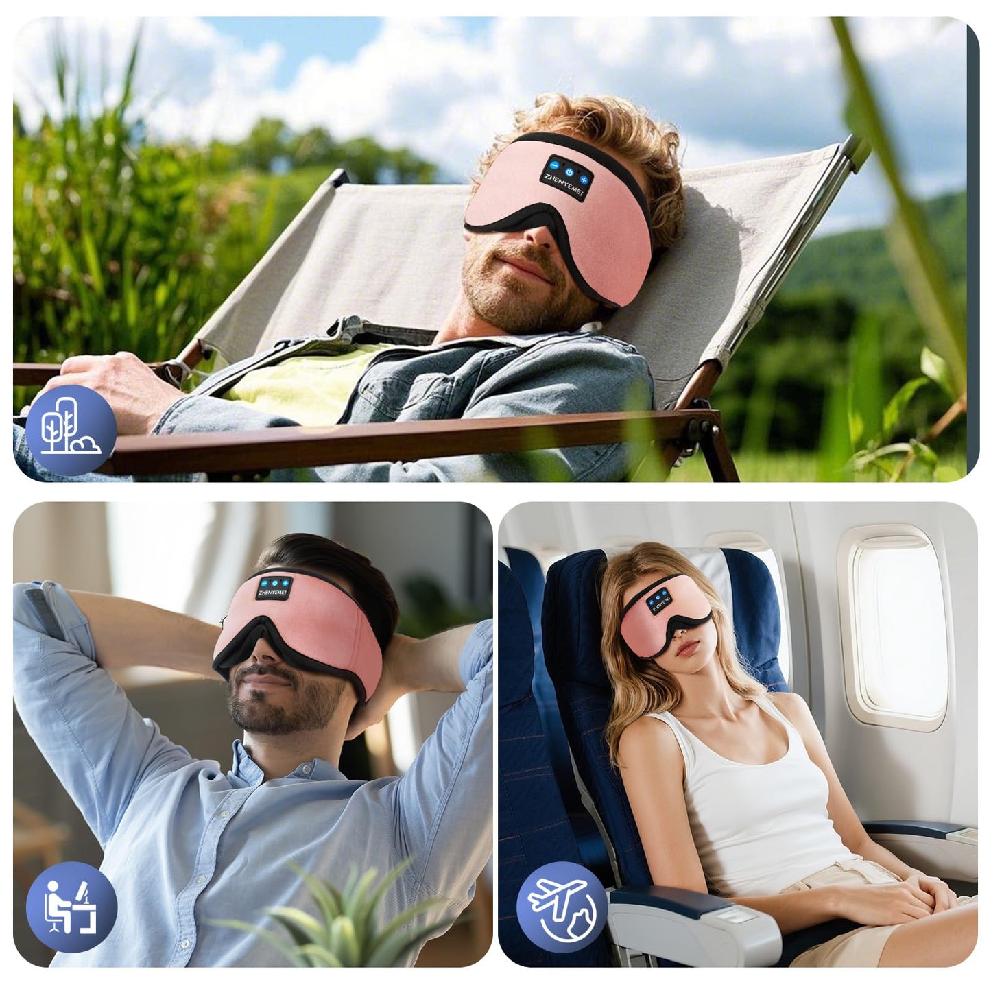 Bamboo Cotton Large Sleep Mask with Bluetooth Wireless Headphones - Blackout Eye Mask for Sleeping 3D Contoured Sleep Eye Cover Headband Ear Plugs Low Noise Hook for Men Women Better Experience (Grey)