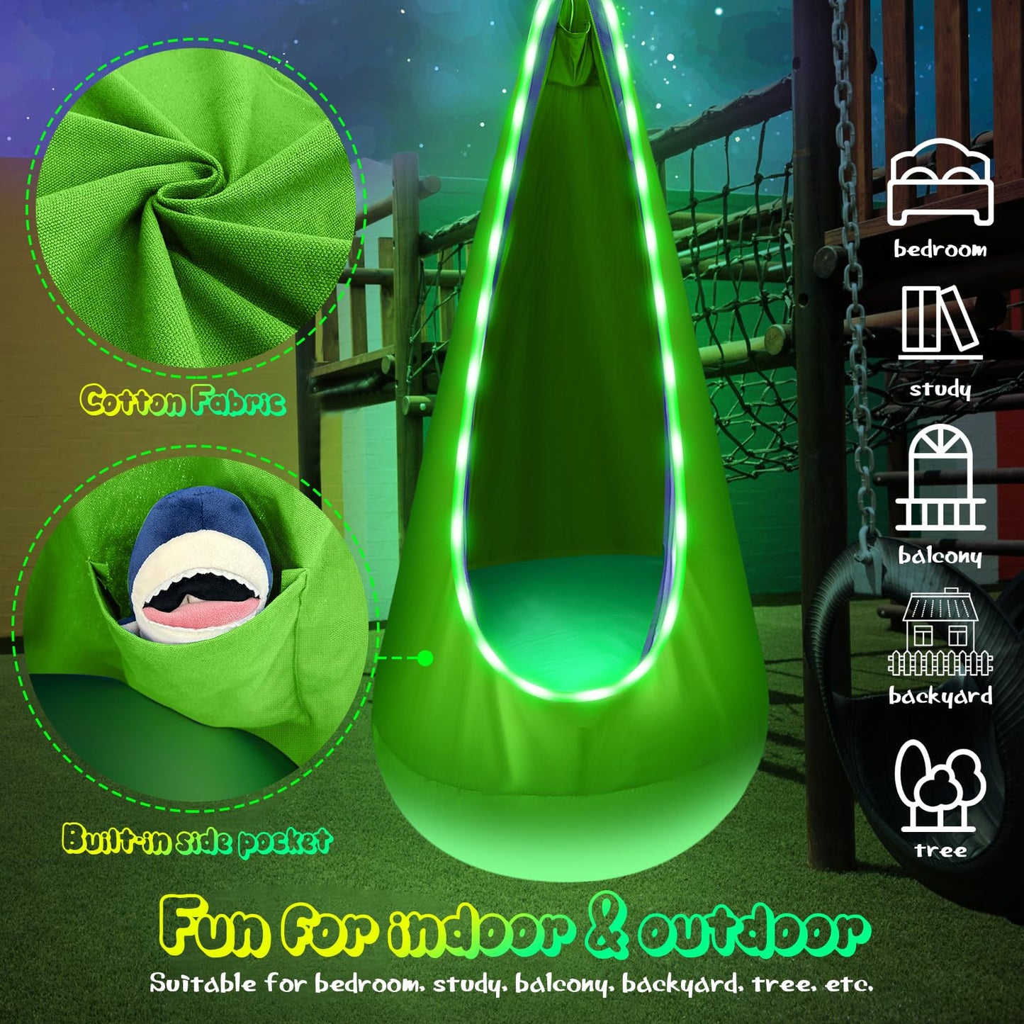 Light Up Kids Pod Swing Seat, Upgraded Kids Hanging Hammock Swing with LED Lights, Cotton Sensory Pod Swing Chair with Inflatable Pillow, Pod Swing for Kids Indoor & Outdoor (1 PCS) (Blue)