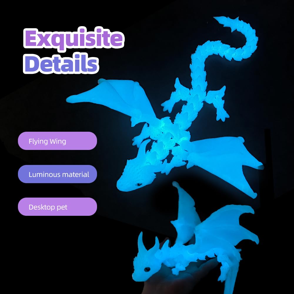 3D Printed Dragon with Wings, 3D Printed Animals Toys, Fidget Dragon Toys, Flexible Articulated Winged Crystal Dragon Model, Desktop Pet Decor, Dragon Gift for Kids & Adult (Random-Rainbow)