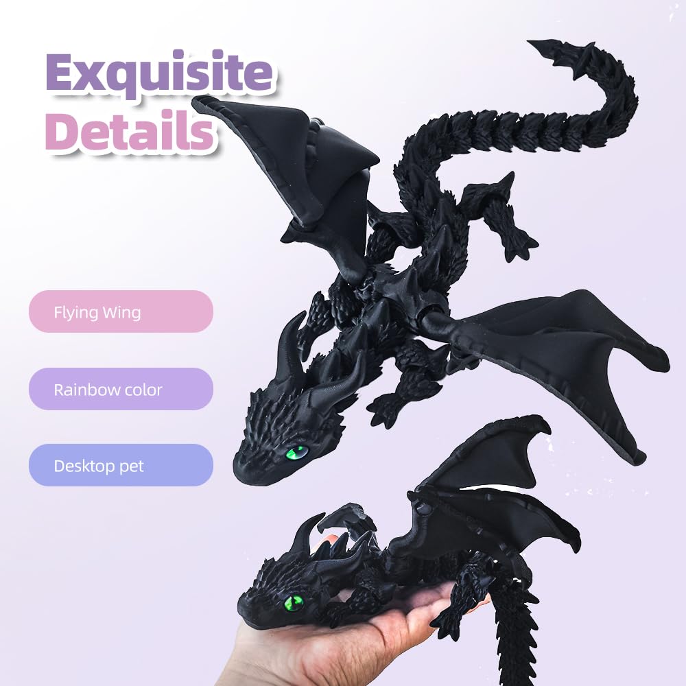 3D Printed Dragon with Wings, 3D Printed Animals Toys, Fidget Dragon Toys, Flexible Articulated Winged Crystal Dragon Model, Desktop Pet Decor, Dragon Gift for Kids & Adult (Random-Rainbow)