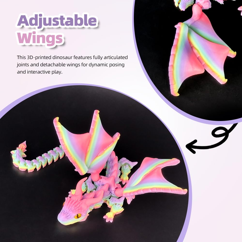 3D Printed Dragon with Wings, 3D Printed Animals Toys, Fidget Dragon Toys, Flexible Articulated Winged Crystal Dragon Model, Desktop Pet Decor, Dragon Gift for Kids & Adult (Random-Rainbow)