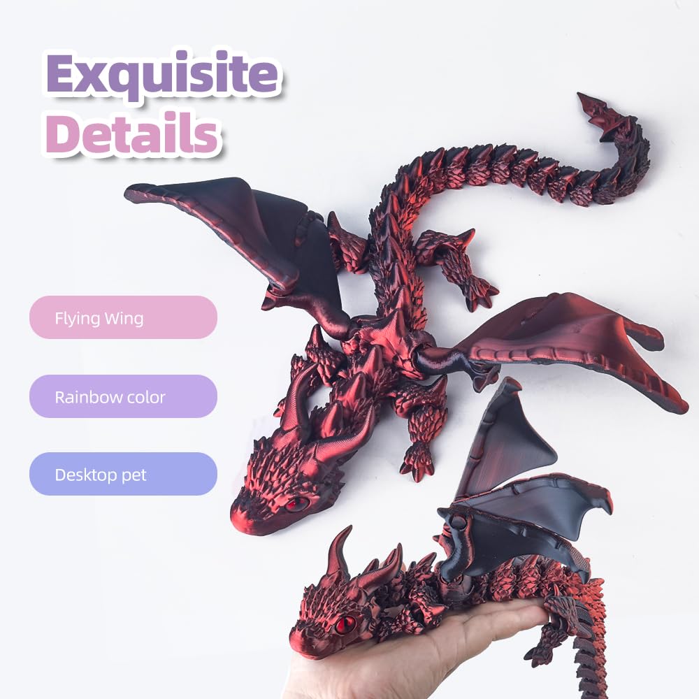 3D Printed Dragon with Wings, 3D Printed Animals Toys, Fidget Dragon Toys, Flexible Articulated Winged Crystal Dragon Model, Desktop Pet Decor, Dragon Gift for Kids & Adult (Random-Rainbow)