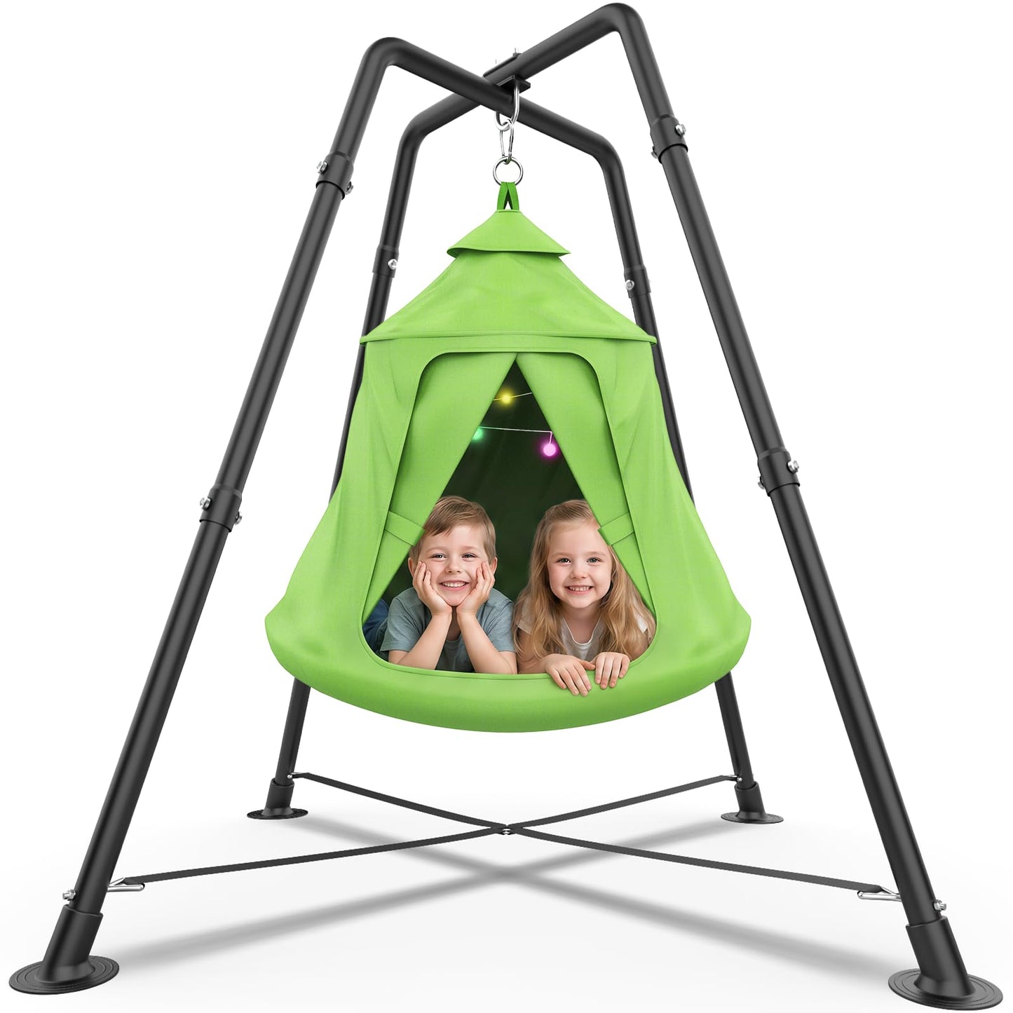 Swing Set with Tent Swing, X-Shaped Swing Frame with Sensory Swing, Metal 32mm Diameter Swing Stand with Tent Swing, 330 lbs Capacity, w/Rainbow Lights String, Indoor/Outdoor Use (Green)