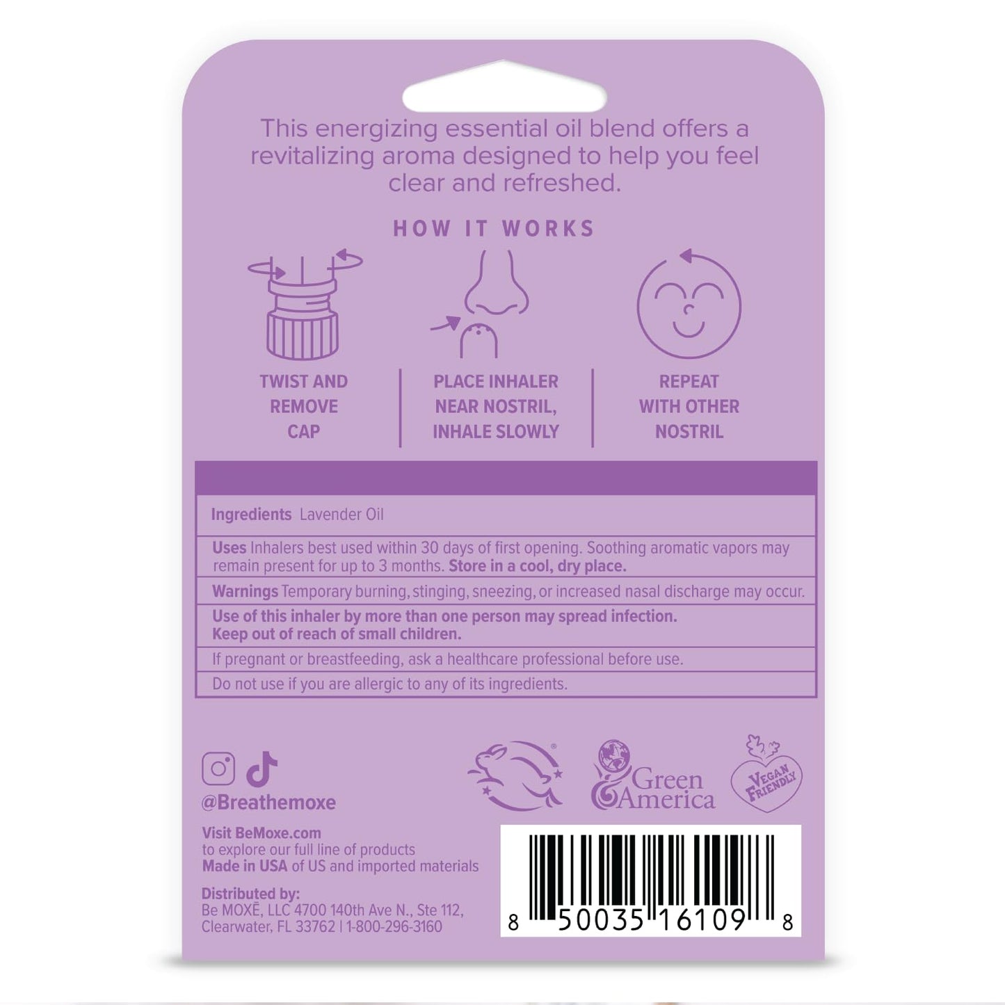 MOXE Lavender Essential Oil Nasal Inhaler, Therapeutic No-Mess Aromatherapy, Relaxation, Naturally Calming, Before Sleep Routine, Uplifts Mood, Pure and Undiluted, Made in USA (1 Pack)
