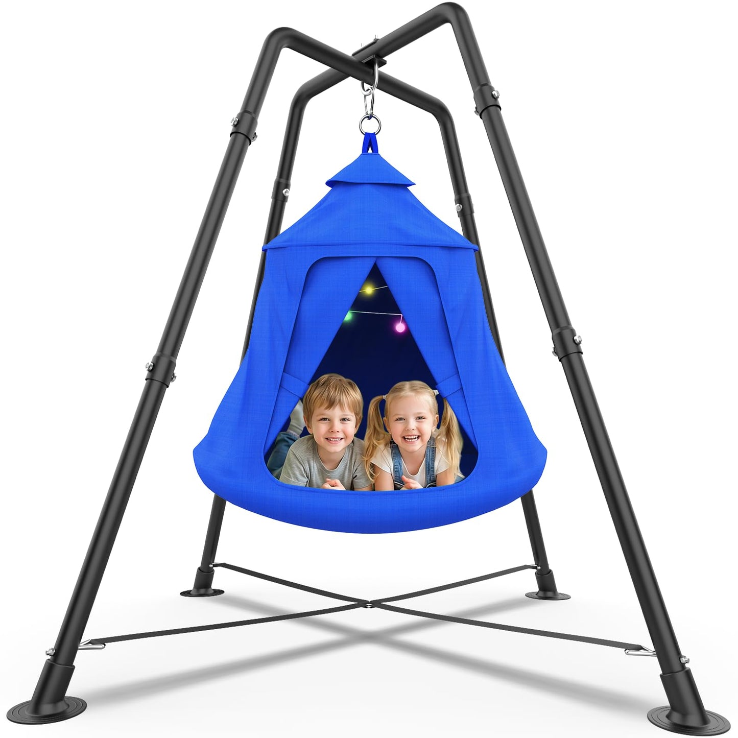 Swing Set with Tent Swing, X-Shaped Swing Frame with Sensory Swing, Metal 32mm Diameter Swing Stand with Tent Swing, 330 lbs Capacity, w/Rainbow Lights String, Indoor/Outdoor Use (Green)