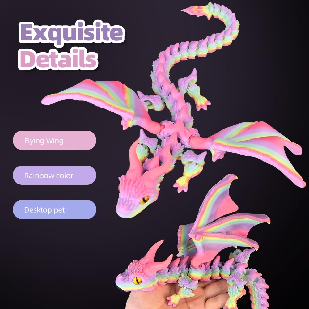 3D Printed Dragon with Wings, 3D Printed Animals Toys, Fidget Dragon Toys, Flexible Articulated Winged Crystal Dragon Model, Desktop Pet Decor, Dragon Gift for Kids & Adult (Random-Rainbow)
