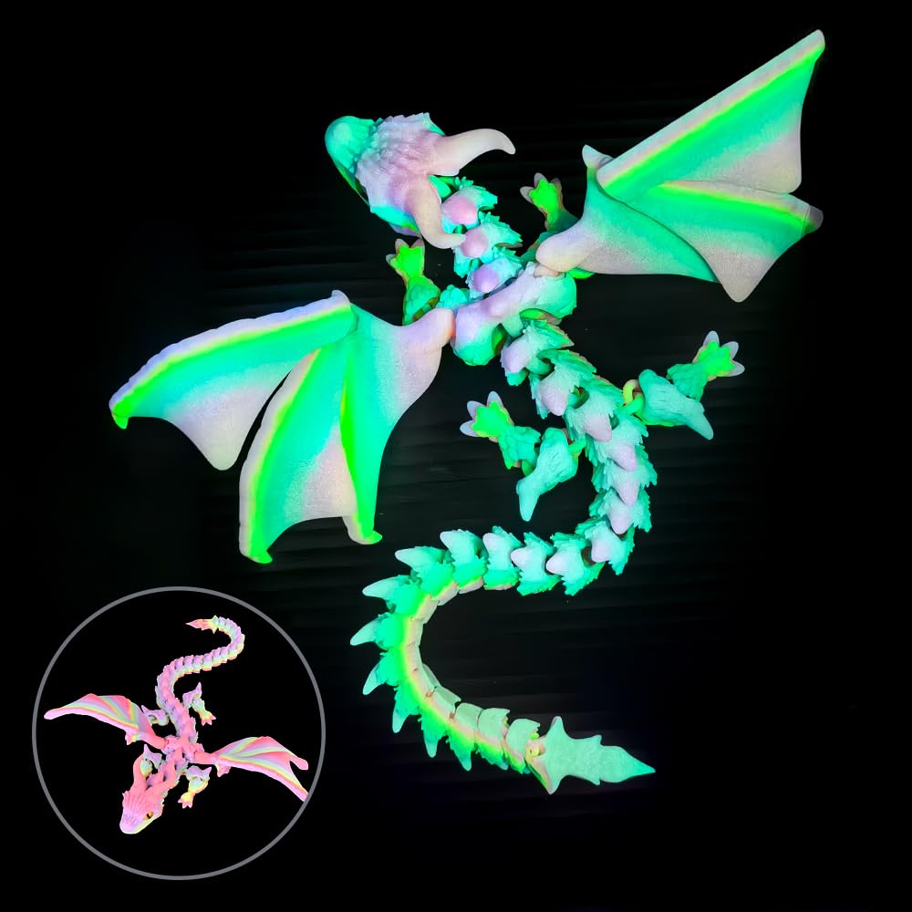 3D Printed Dragon with Wings, 3D Printed Animals Toys, Fidget Dragon Toys, Flexible Articulated Winged Crystal Dragon Model, Desktop Pet Decor, Dragon Gift for Kids & Adult (Random-Rainbow)