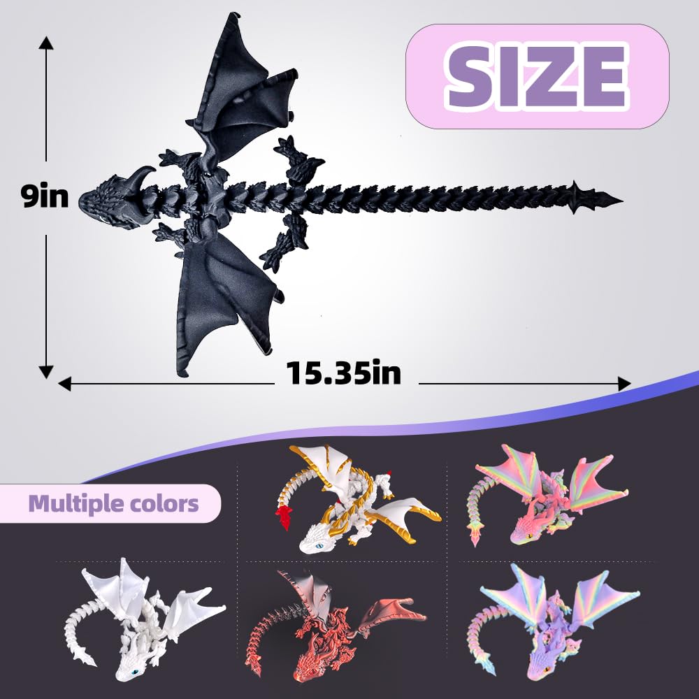 3D Printed Dragon with Wings, 3D Printed Animals Toys, Fidget Dragon Toys, Flexible Articulated Winged Crystal Dragon Model, Desktop Pet Decor, Dragon Gift for Kids & Adult (Random-Rainbow)