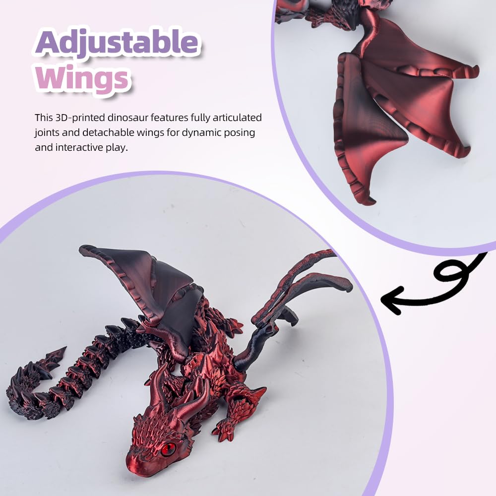 3D Printed Dragon with Wings, 3D Printed Animals Toys, Fidget Dragon Toys, Flexible Articulated Winged Crystal Dragon Model, Desktop Pet Decor, Dragon Gift for Kids & Adult (Random-Rainbow)