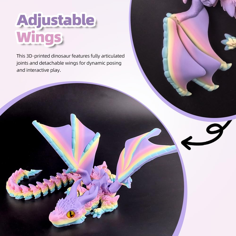3D Printed Dragon with Wings, 3D Printed Animals Toys, Fidget Dragon Toys, Flexible Articulated Winged Crystal Dragon Model, Desktop Pet Decor, Dragon Gift for Kids & Adult (Random-Rainbow)