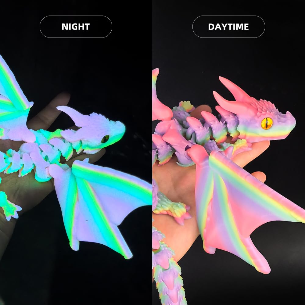 3D Printed Dragon with Wings, 3D Printed Animals Toys, Fidget Dragon Toys, Flexible Articulated Winged Crystal Dragon Model, Desktop Pet Decor, Dragon Gift for Kids & Adult (Random-Rainbow)