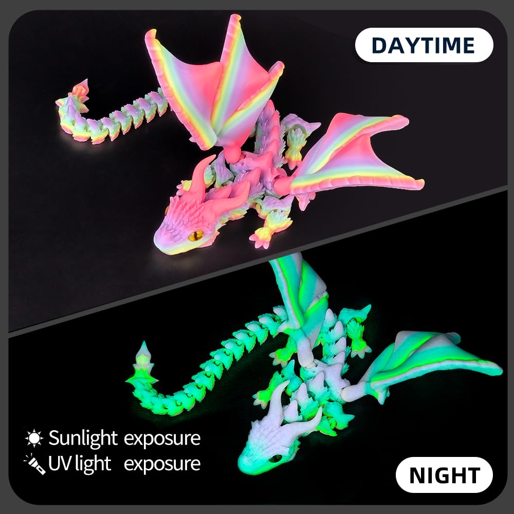 3D Printed Dragon with Wings, 3D Printed Animals Toys, Fidget Dragon Toys, Flexible Articulated Winged Crystal Dragon Model, Desktop Pet Decor, Dragon Gift for Kids & Adult (Random-Rainbow)