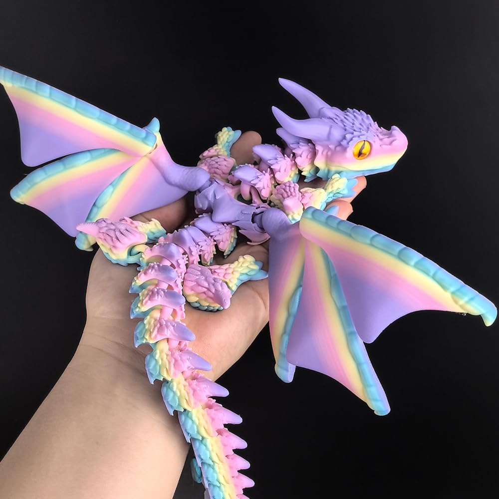 3D Printed Dragon with Wings, 3D Printed Animals Toys, Fidget Dragon Toys, Flexible Articulated Winged Crystal Dragon Model, Desktop Pet Decor, Dragon Gift for Kids & Adult (Random-Rainbow)