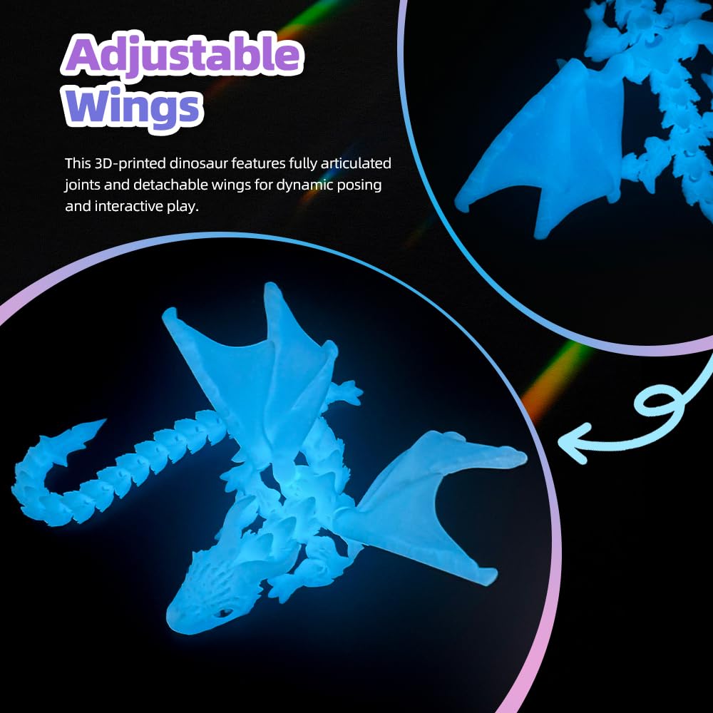 3D Printed Dragon with Wings, 3D Printed Animals Toys, Fidget Dragon Toys, Flexible Articulated Winged Crystal Dragon Model, Desktop Pet Decor, Dragon Gift for Kids & Adult (Random-Rainbow)