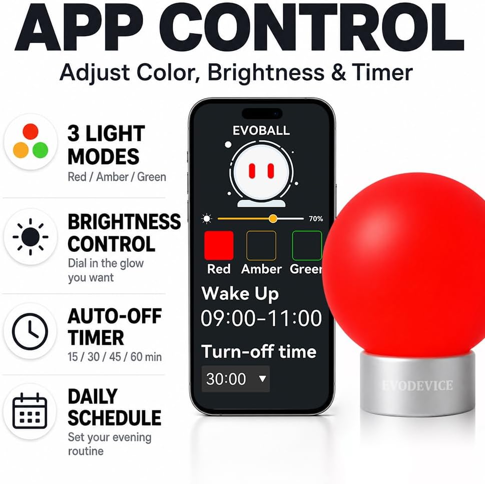 670nm Red Light for Evening Wind-Down, App-Controlled Ambient Comfort Lamp with Amber & Green Modes, Auto-Off Timer & Daily Schedule, Bluetooth No Wi-Fi Required