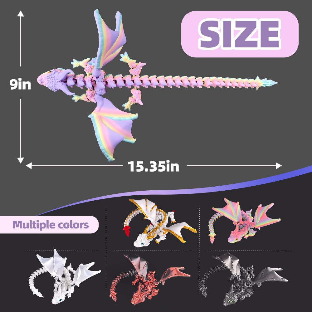 3D Printed Dragon with Wings, 3D Printed Animals Toys, Fidget Dragon Toys, Flexible Articulated Winged Crystal Dragon Model, Desktop Pet Decor, Dragon Gift for Kids & Adult (Random-Rainbow)