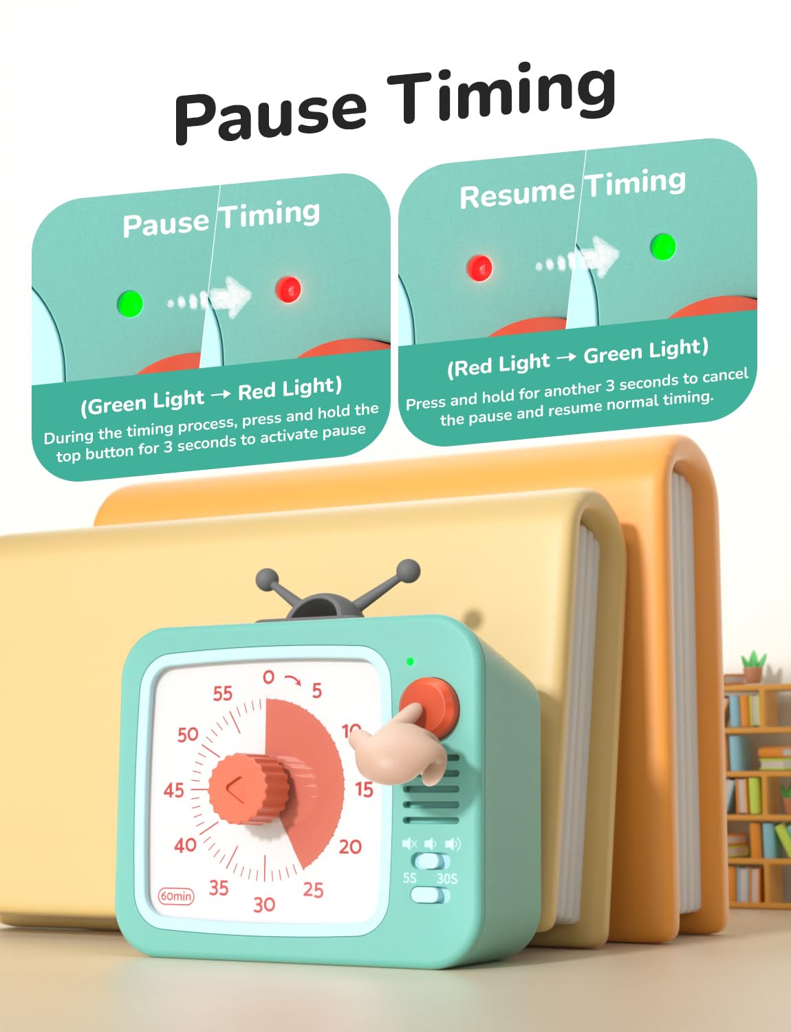 LIORQUE Visual Timer for Kids with Pause Function, 60-Minute Countdown Timers for Classroom Office Kitchen with Silent Operation, Kids Timer for Teaching