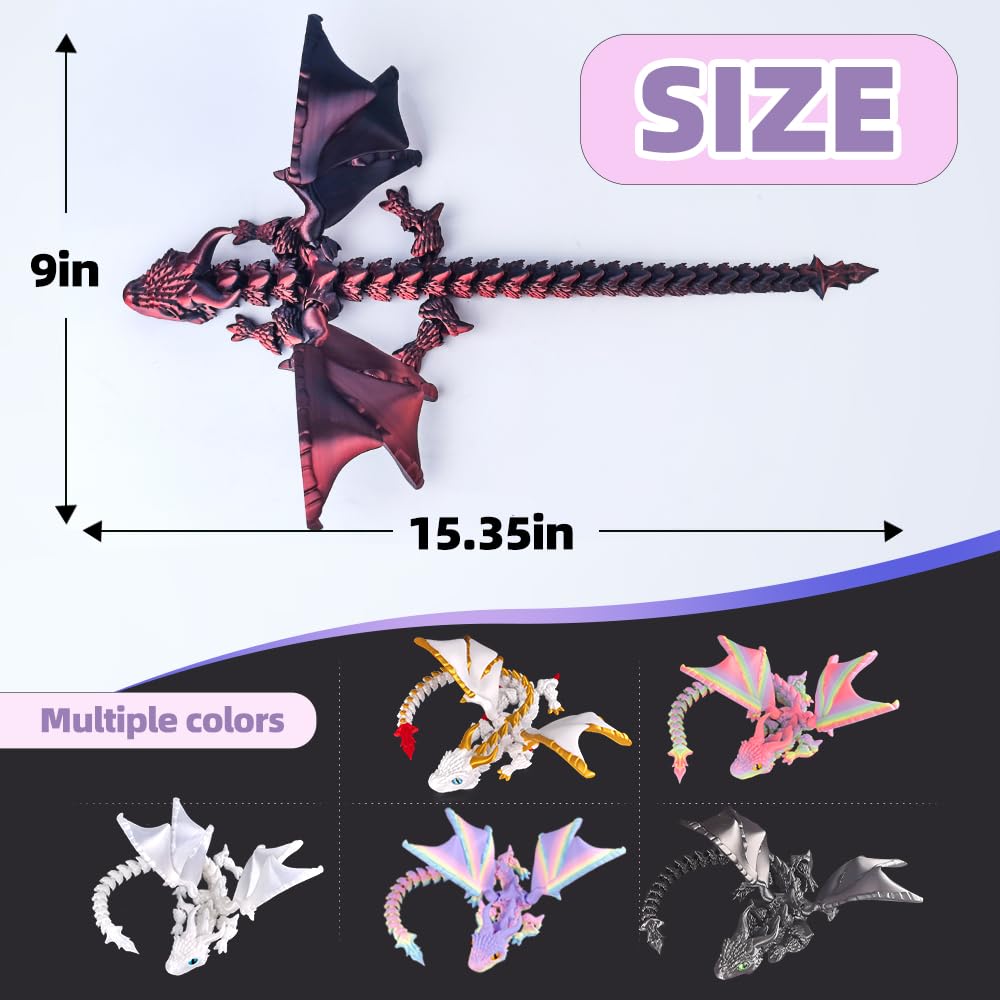 3D Printed Dragon with Wings, 3D Printed Animals Toys, Fidget Dragon Toys, Flexible Articulated Winged Crystal Dragon Model, Desktop Pet Decor, Dragon Gift for Kids & Adult (Random-Rainbow)