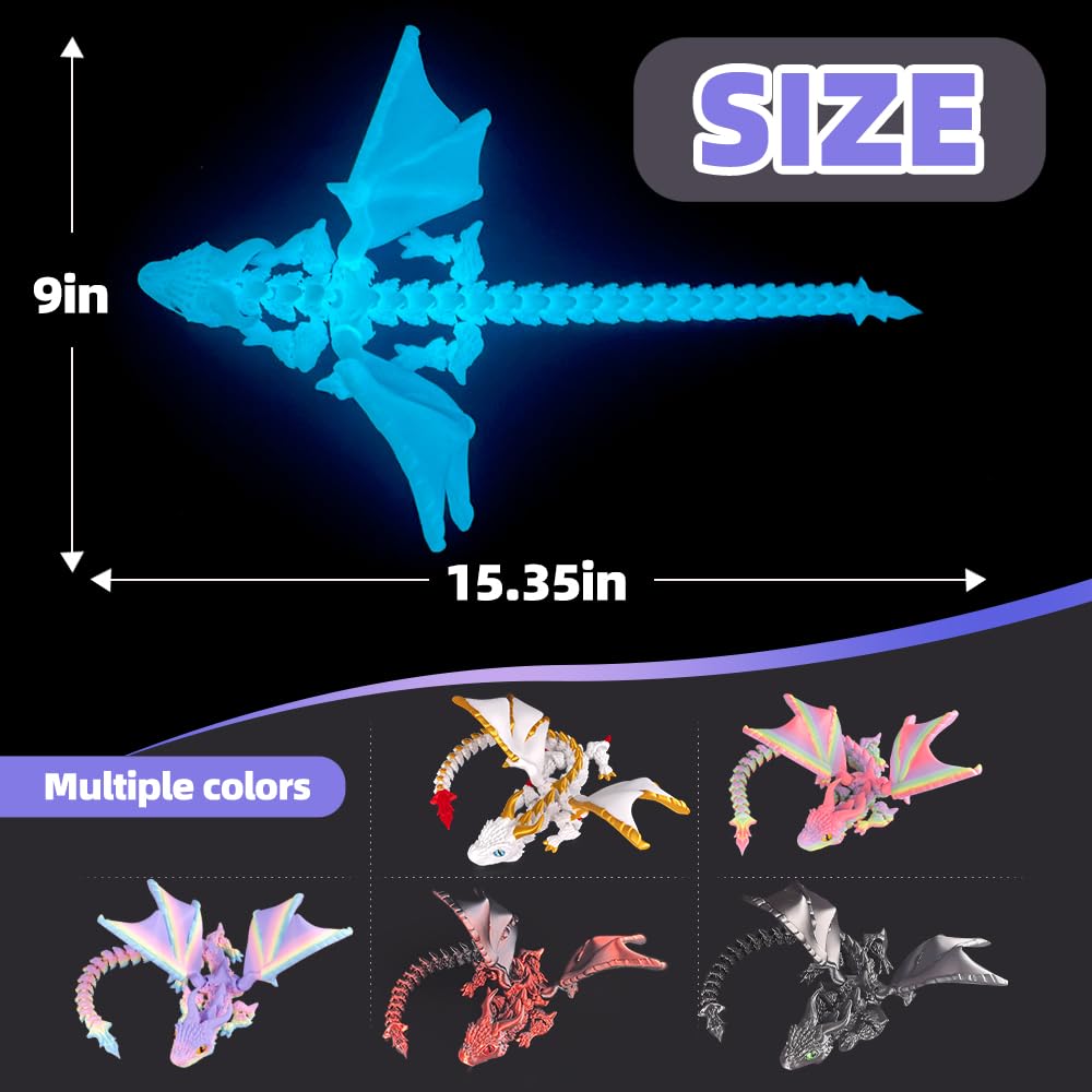 3D Printed Dragon with Wings, 3D Printed Animals Toys, Fidget Dragon Toys, Flexible Articulated Winged Crystal Dragon Model, Desktop Pet Decor, Dragon Gift for Kids & Adult (Random-Rainbow)