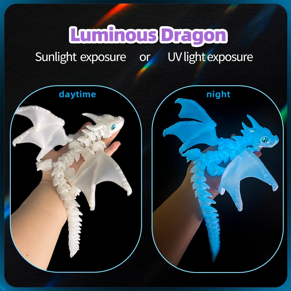 3D Printed Dragon with Wings, 3D Printed Animals Toys, Fidget Dragon Toys, Flexible Articulated Winged Crystal Dragon Model, Desktop Pet Decor, Dragon Gift for Kids & Adult (Random-Rainbow)