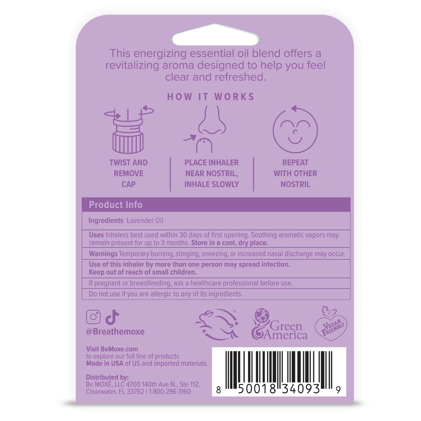 MOXE Lavender Essential Oil Nasal Inhaler, Therapeutic No-Mess Aromatherapy, Relaxation, Naturally Calming, Before Sleep Routine, Uplifts Mood, Pure and Undiluted, Made in USA (1 Pack)