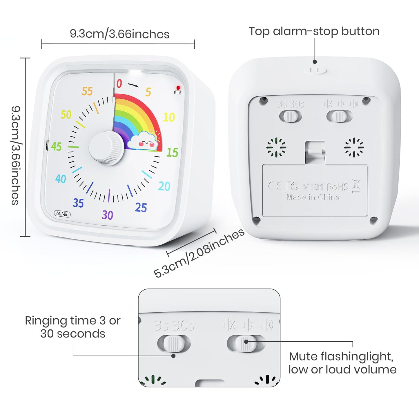 Yunbaoit Visual Timer with Protective Case, Rainbow Disk 60 Minute Countdown Timer for Kids and Adults, Silent Time Management Tool(Blue Rainbow)