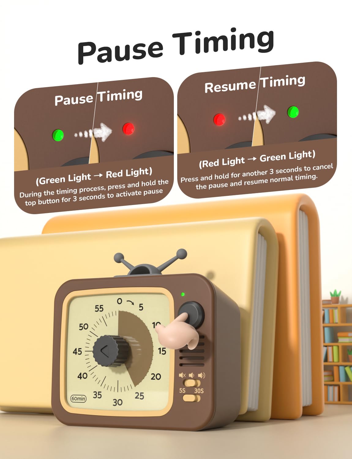 LIORQUE Visual Timer for Kids with Pause Function, 60-Minute Countdown Timers for Classroom Office Kitchen with Silent Operation, Kids Timer for Teaching