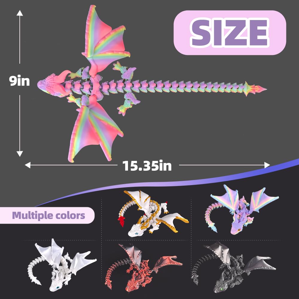 3D Printed Dragon with Wings, 3D Printed Animals Toys, Fidget Dragon Toys, Flexible Articulated Winged Crystal Dragon Model, Desktop Pet Decor, Dragon Gift for Kids & Adult (Random-Rainbow)