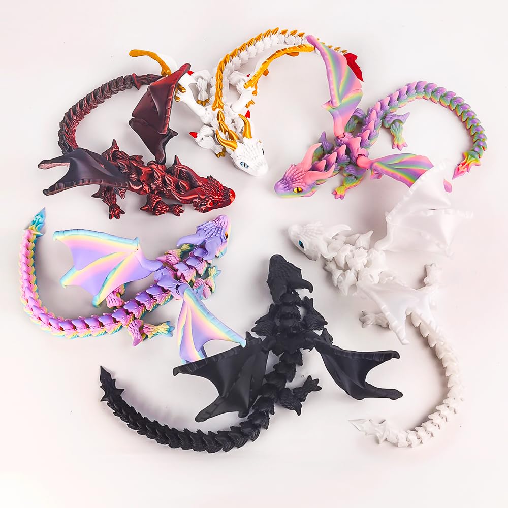 3D Printed Dragon with Wings, 3D Printed Animals Toys, Fidget Dragon Toys, Flexible Articulated Winged Crystal Dragon Model, Desktop Pet Decor, Dragon Gift for Kids & Adult (Random-Rainbow)