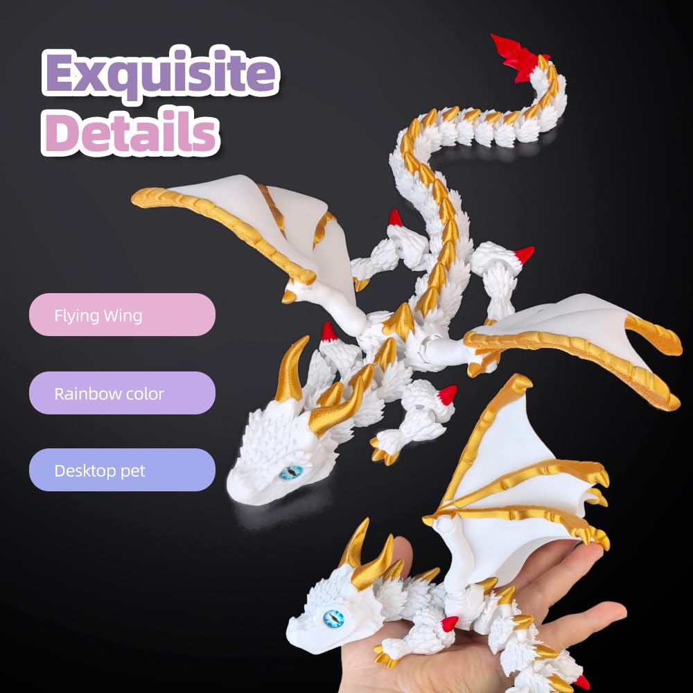 3D Printed Dragon with Wings, 3D Printed Animals Toys, Fidget Dragon Toys, Flexible Articulated Winged Crystal Dragon Model, Desktop Pet Decor, Dragon Gift for Kids & Adult (Random-Rainbow)