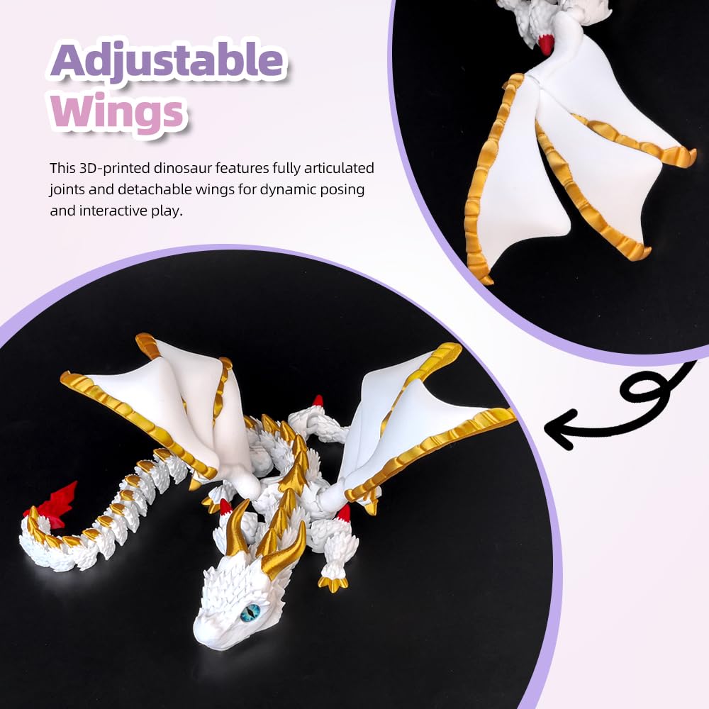 3D Printed Dragon with Wings, 3D Printed Animals Toys, Fidget Dragon Toys, Flexible Articulated Winged Crystal Dragon Model, Desktop Pet Decor, Dragon Gift for Kids & Adult (Random-Rainbow)