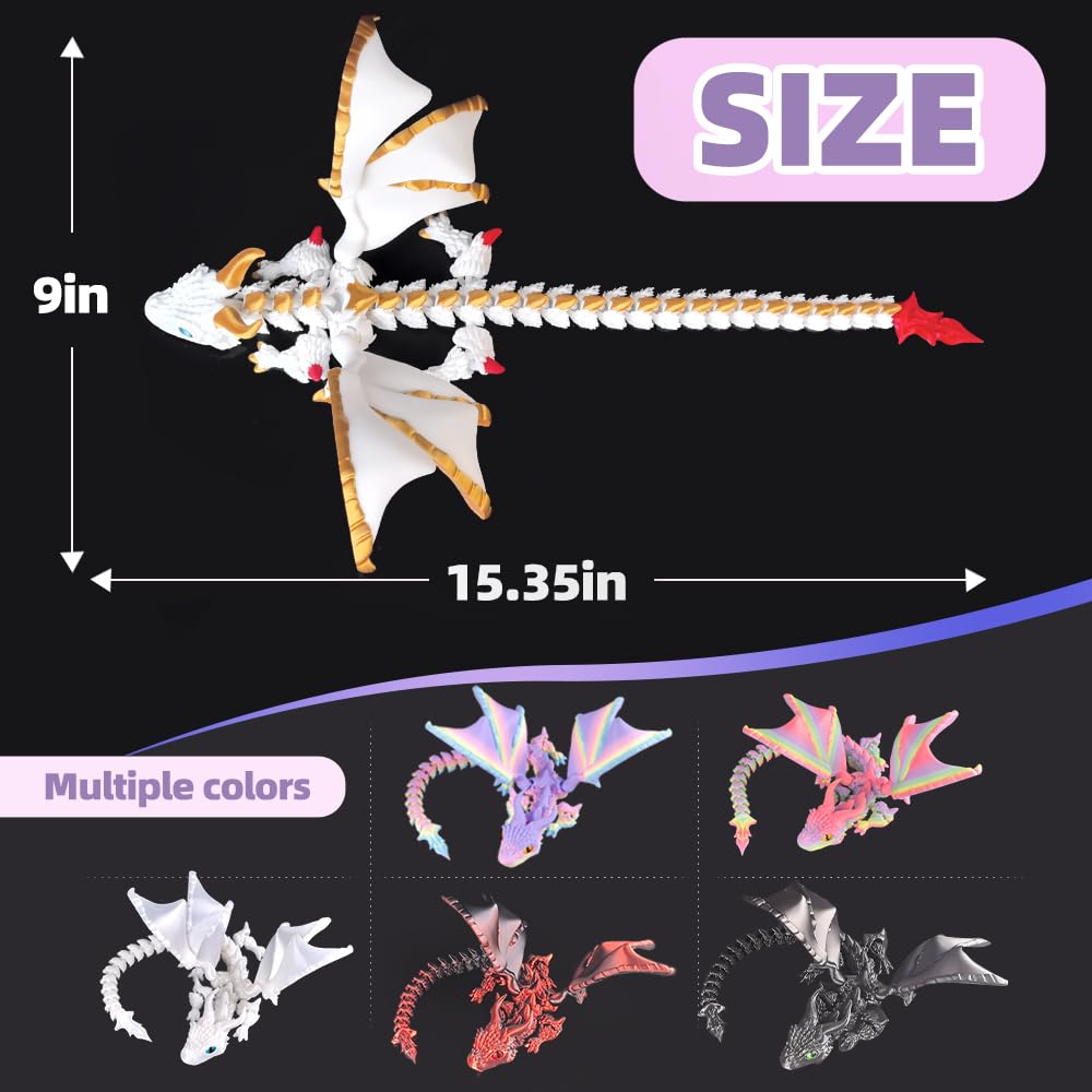 3D Printed Dragon with Wings, 3D Printed Animals Toys, Fidget Dragon Toys, Flexible Articulated Winged Crystal Dragon Model, Desktop Pet Decor, Dragon Gift for Kids & Adult (Random-Rainbow)