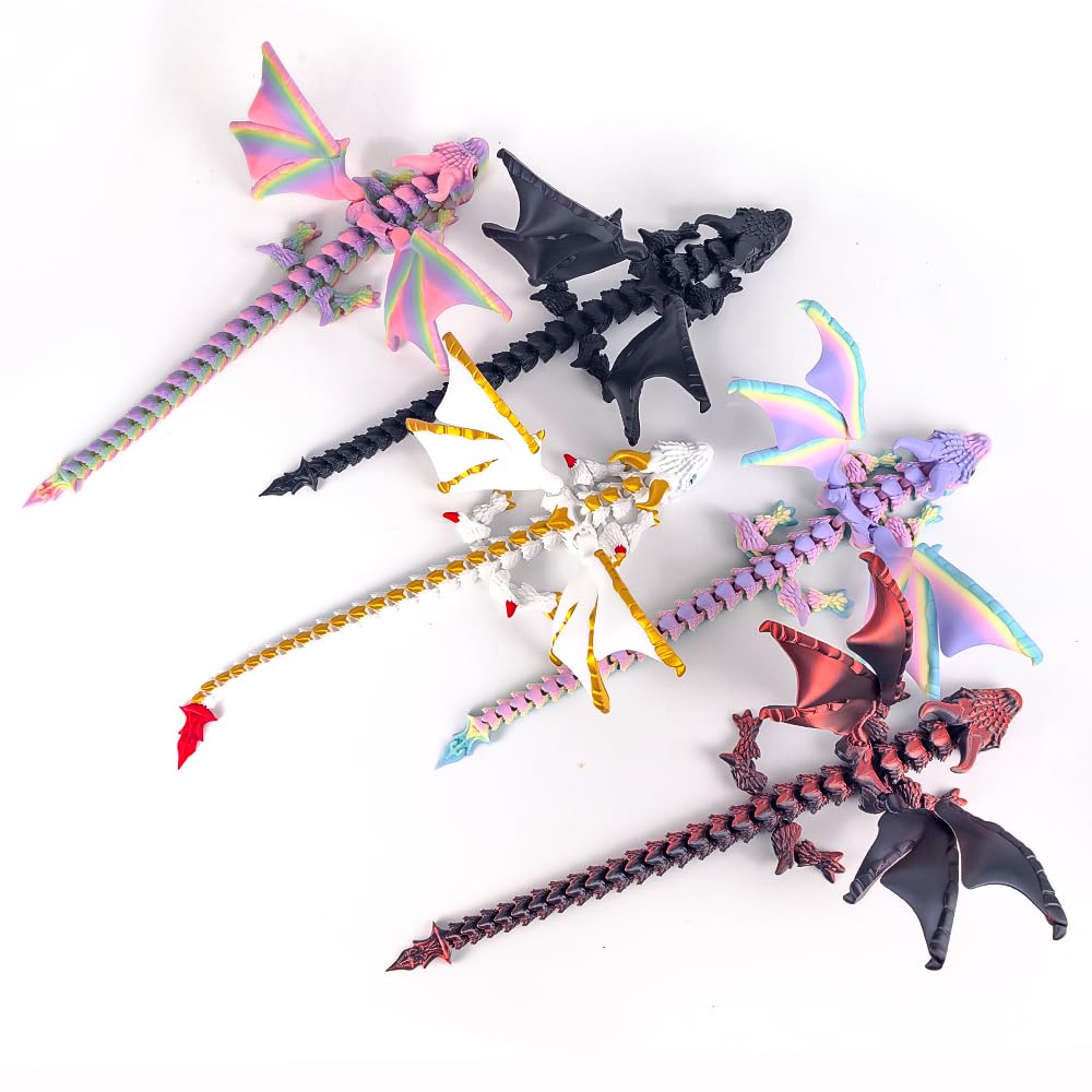 3D Printed Dragon with Wings, 3D Printed Animals Toys, Fidget Dragon Toys, Flexible Articulated Winged Crystal Dragon Model, Desktop Pet Decor, Dragon Gift for Kids & Adult (Random-Rainbow)