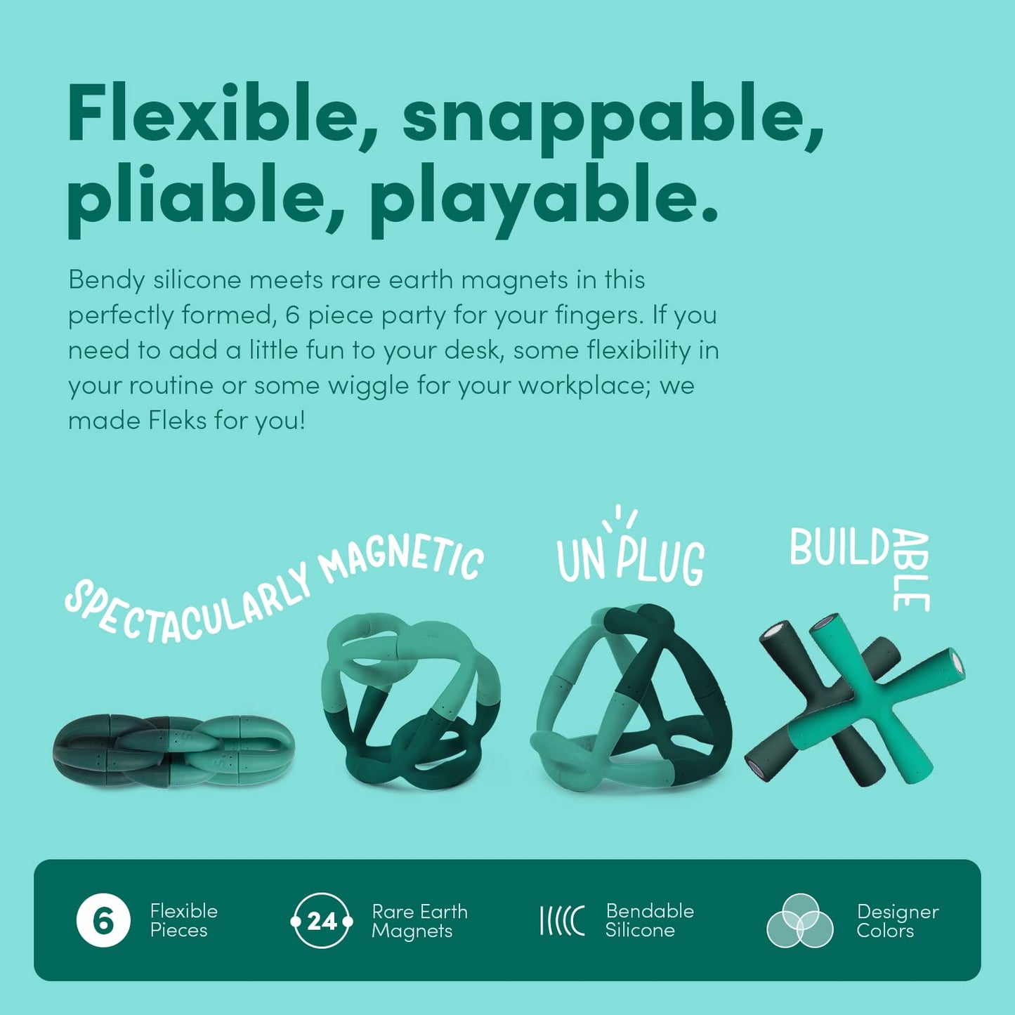 Speks Fleks Flexible Silicone Magnetic Fidget Toy - Fun Desk Toy for Adults & Teens 14+ | Sensory Gadget, Stress Relief | 6-Piece Set, Evergreen