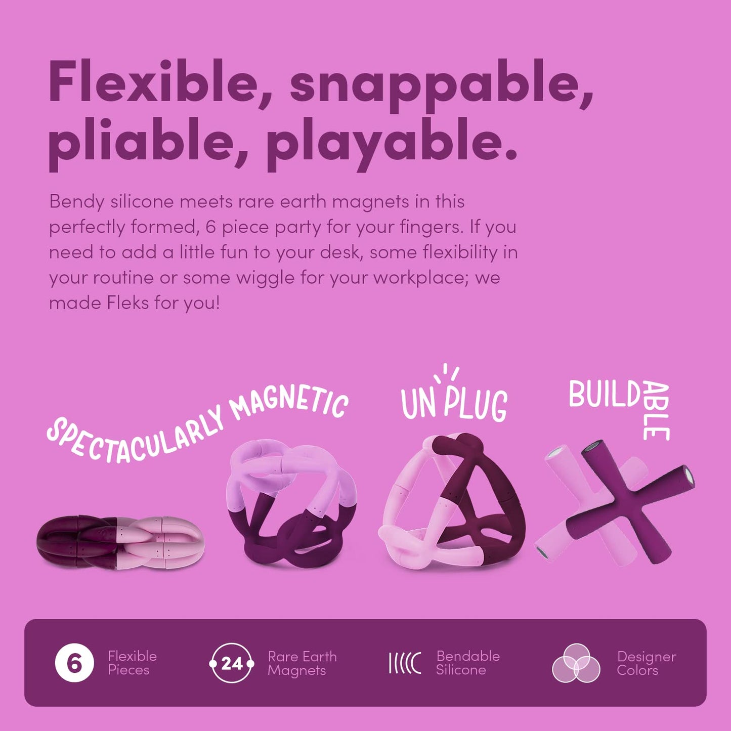 Speks Fleks Flexible Silicone Magnetic Fidget Toy - Fun Desk Toy for Adults & Teens 14+ | Sensory Gadget, Stress Relief | 6-Piece Set, Evergreen