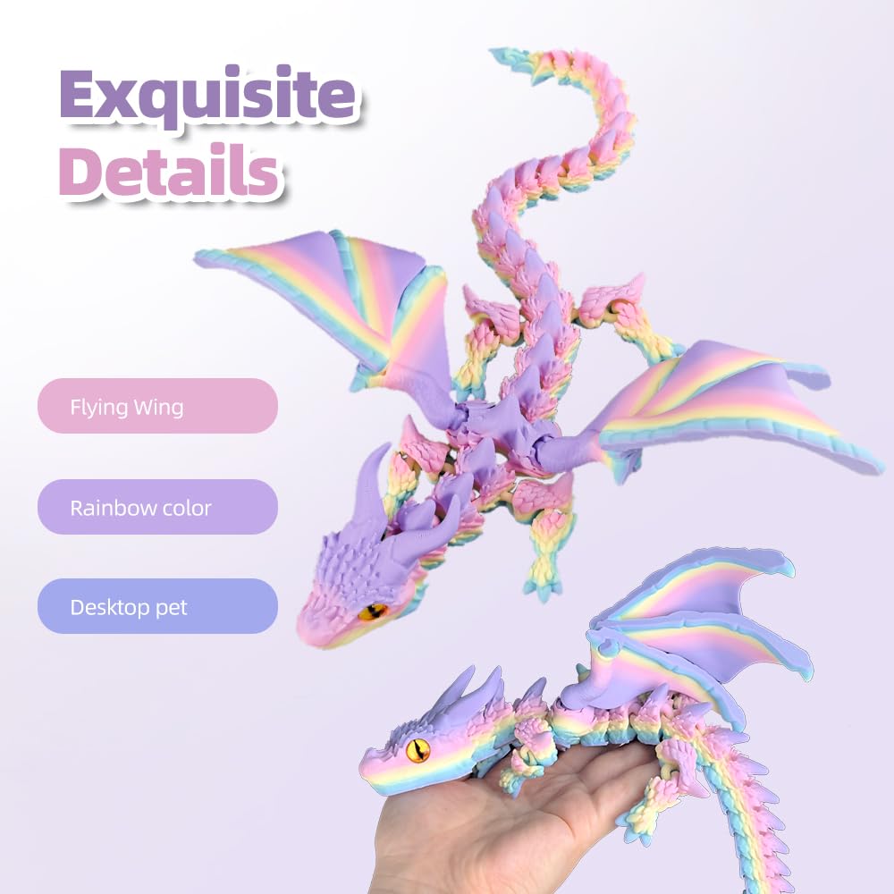 3D Printed Dragon with Wings, 3D Printed Animals Toys, Fidget Dragon Toys, Flexible Articulated Winged Crystal Dragon Model, Desktop Pet Decor, Dragon Gift for Kids & Adult (Random-Rainbow)