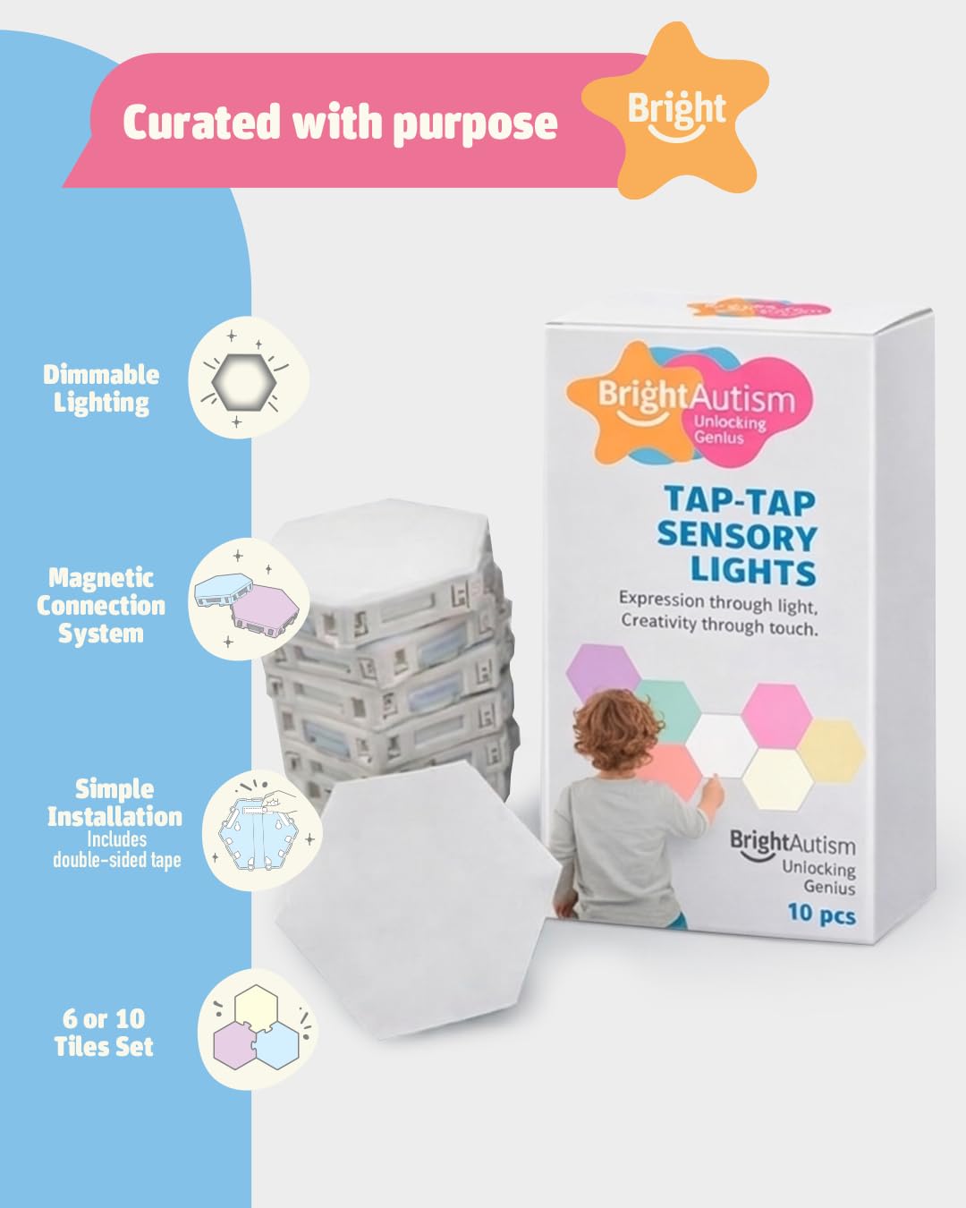 Bright Autism Tap-Tap Touch Sensory Lights – Dimmable Room Lighting for Therapeutic & Educational Play. Visual & Tactile Soothing LED Stimulation. Perfect Addition to Your Child's Bedroom (6pcs)