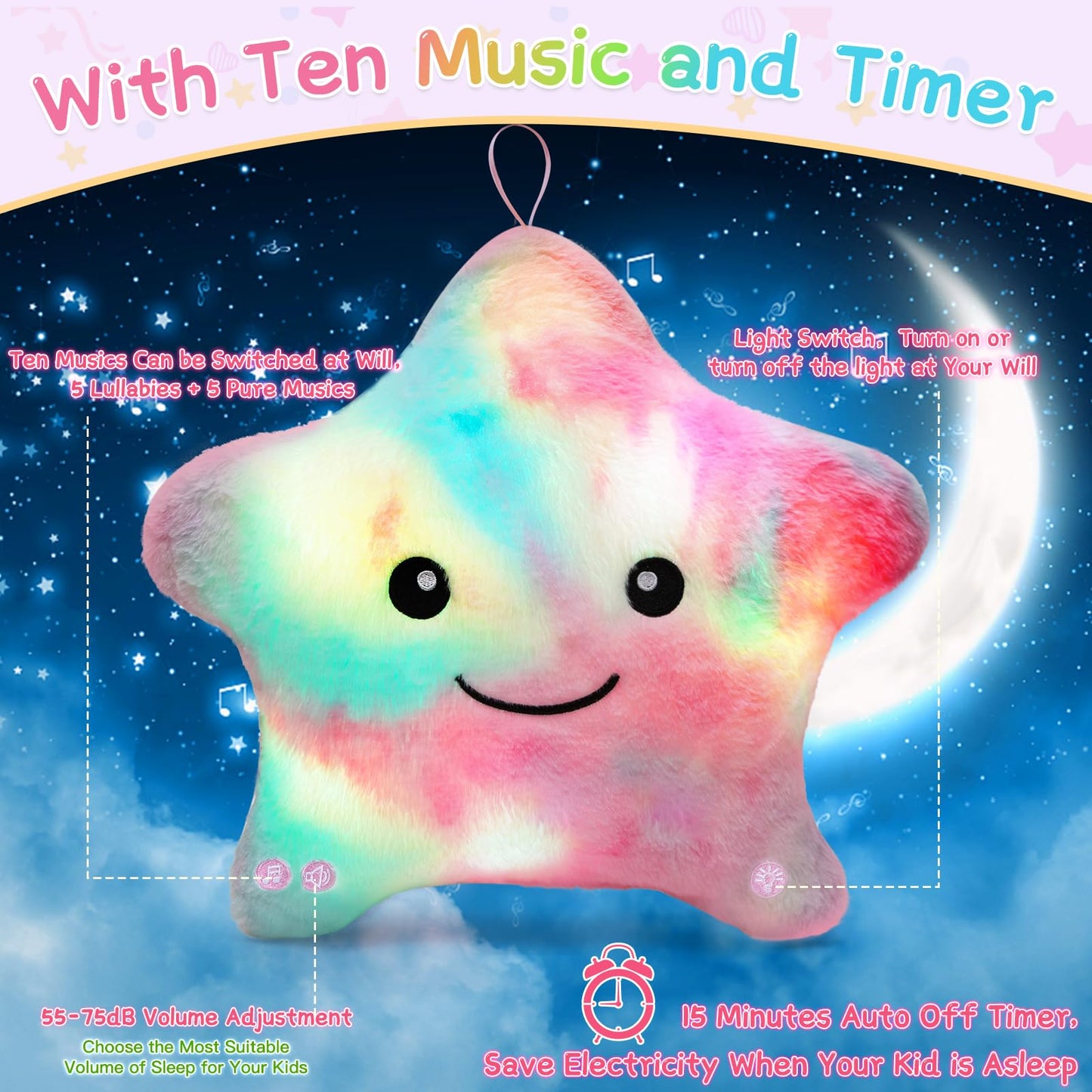 Subao Sensory Toys for Kids with Autism,14" Soft Toddler Pillow With Light &Music,Plush Star Night Light,Light Up Adhd Autism Sensory Products,Birthday Xmas Easter Gifts for Boys 3 4 5 6 7 8 9 10 Blue