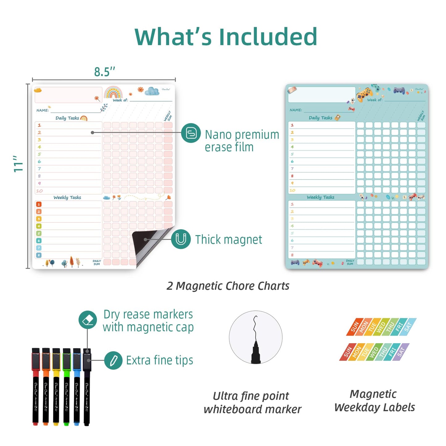 Magnetic Dry Erase Chore Chart - 8.5"x11" Behavior Responsibility Chore Board, Reward Chart for Kids, Teenagers - 6 Extra Fine Point Markers Included - Shipped Flat