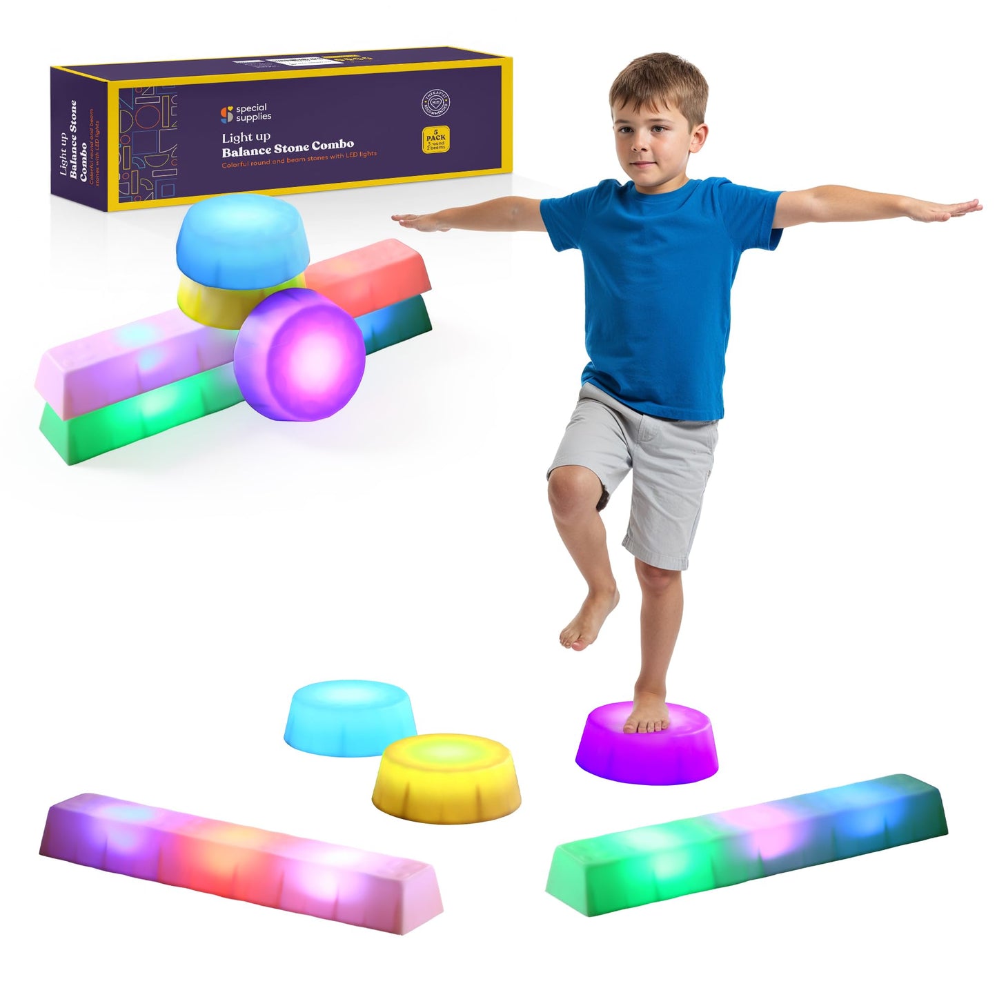 Special Supplies LED Stepping Stones for Kids -Light-Up Balance Blocks- Coordination & Balance for Toddlers & Children- Durable Non-Slip Rubber, Safe Indoor & Outdoor Play