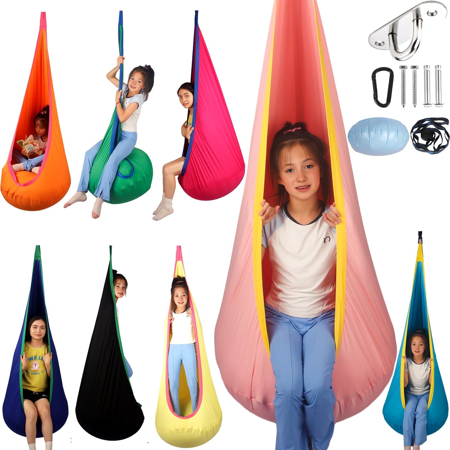 HiCamer Sensory Swing for Kids indoor and outdoor Pod hammock Chair Seat Upgrade Max 300 lbs Hanging Swing with Inflatable Cushion Includes Hardware Hanger Kit for Aspergers Autism ADHD (Cranberry)