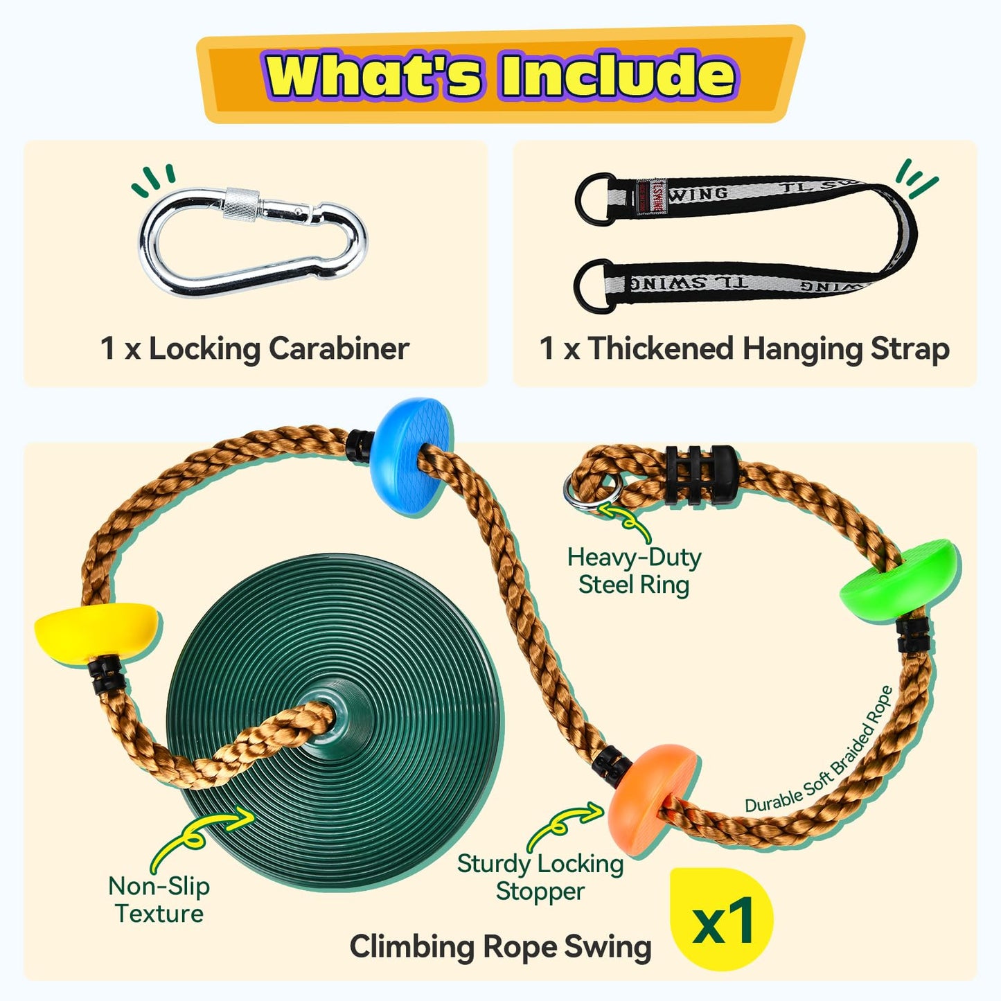 HeyZoo Tree Swing for Kids 330LB Capacity, Climbing Rope with Platforms and Disc Swing Seat Set Outdoor Backyard Playground Accessories with Carabiners and Thickened Strap, Green