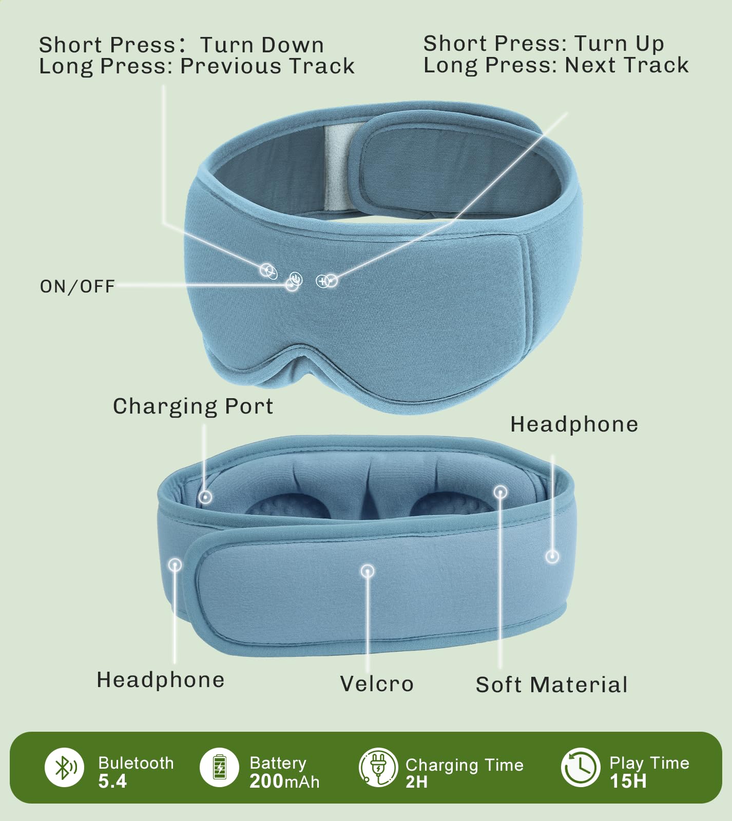 Bamboo Cotton Large Sleep Mask with Bluetooth Wireless Headphones - Blackout Eye Mask for Sleeping 3D Contoured Sleep Eye Cover Headband Ear Plugs Low Noise Hook for Men Women Better Experience (Grey)