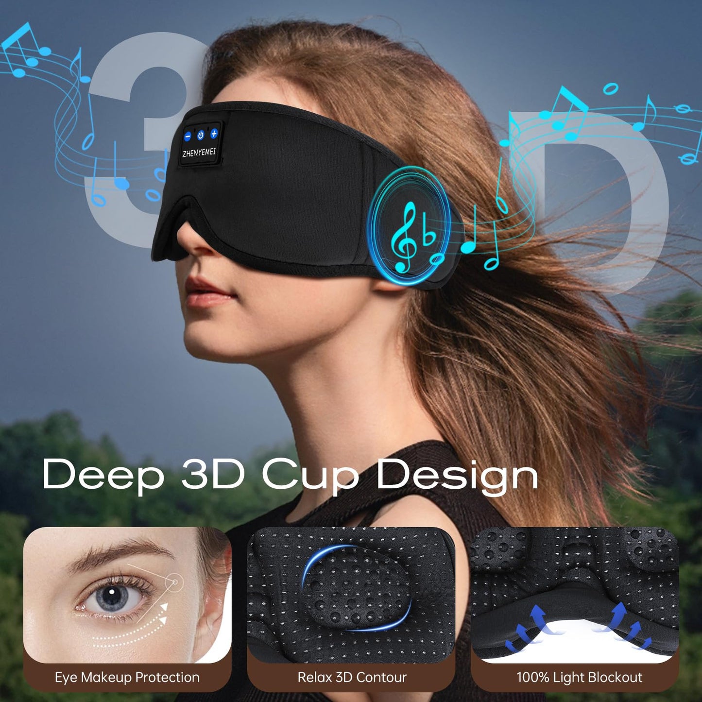 Bamboo Cotton Large Sleep Mask with Bluetooth Wireless Headphones - Blackout Eye Mask for Sleeping 3D Contoured Sleep Eye Cover Headband Ear Plugs Low Noise Hook for Men Women Better Experience (Grey)