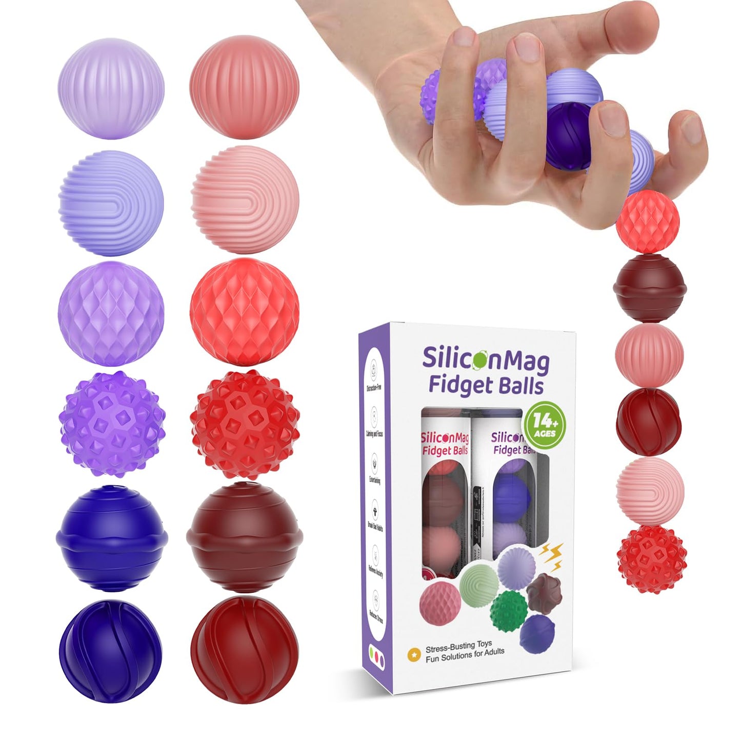Silicone Magnetic Balls, Fidget Toys, 6-Pack Stress Relief Toys for Adults, Teens, Sensory Toy for Fingers Hands, Quiet Office Desk Toys with Textures, Magnet Fidget Fun Gift (Purple)