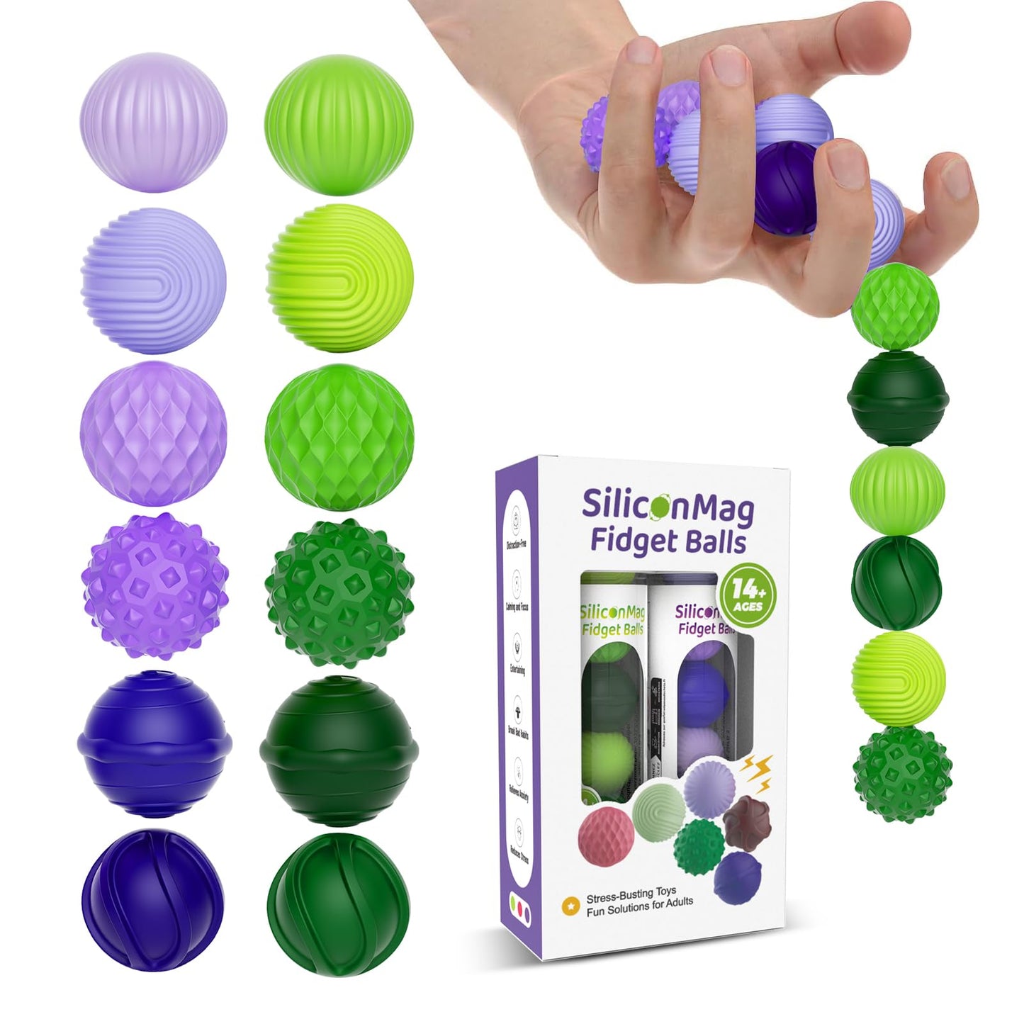 Silicone Magnetic Balls, Fidget Toys, 6-Pack Stress Relief Toys for Adults, Teens, Sensory Toy for Fingers Hands, Quiet Office Desk Toys with Textures, Magnet Fidget Fun Gift (Purple)