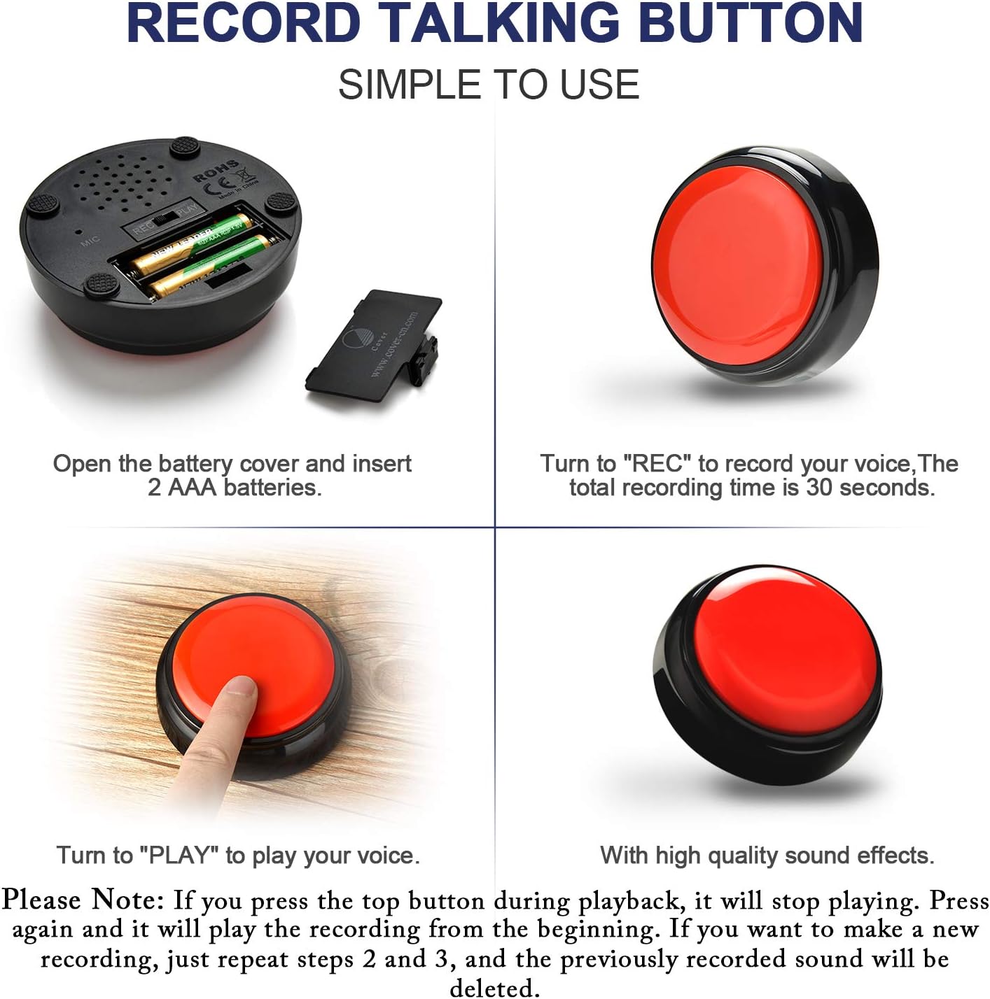 Record Talking Button Easy Button Recording Voice Button Funny OfficeToys Multifunctional Dog Buttons Talk for Communication-Classroom-Friendly Recordable Sound Buttons Buzzer Button（Black+Red