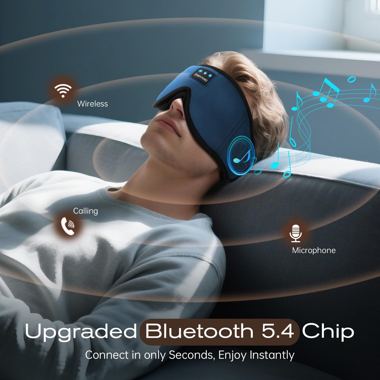 Bamboo Cotton Large Sleep Mask with Bluetooth Wireless Headphones - Blackout Eye Mask for Sleeping 3D Contoured Sleep Eye Cover Headband Ear Plugs Low Noise Hook for Men Women Better Experience (Grey)